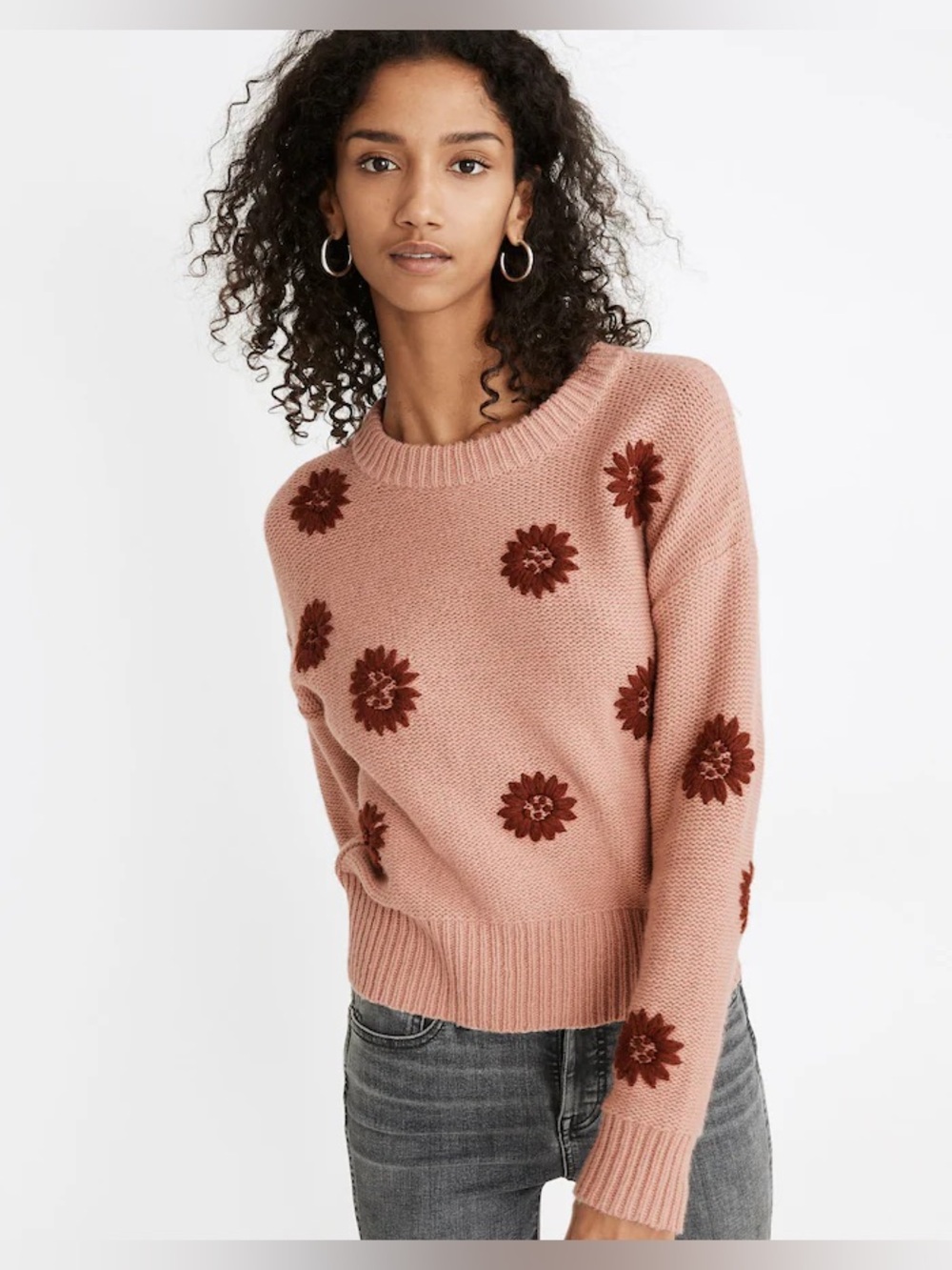 Madewell Flower Embroidered Pullover Sweater Dusty Blush and Merlot chunky knit